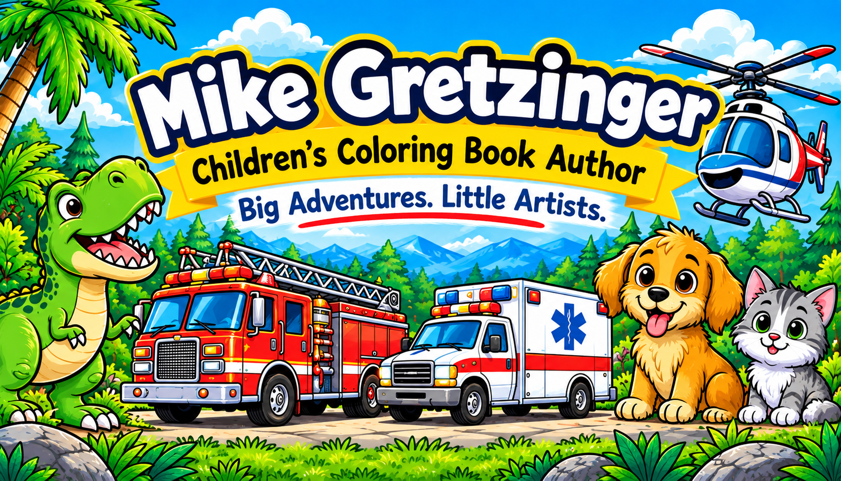 Colorful illustration featuring a dinosaur, fire truck, ambulance, helicopter and animals
